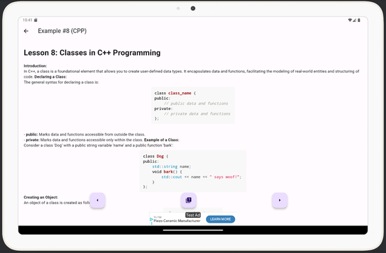 Learn++ C++ lesson about classes on a tablet screen