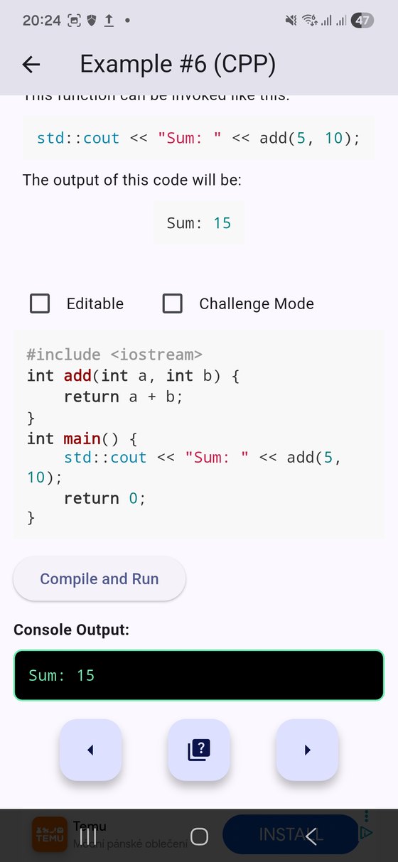 Learn++ Android lesson screen with editable code