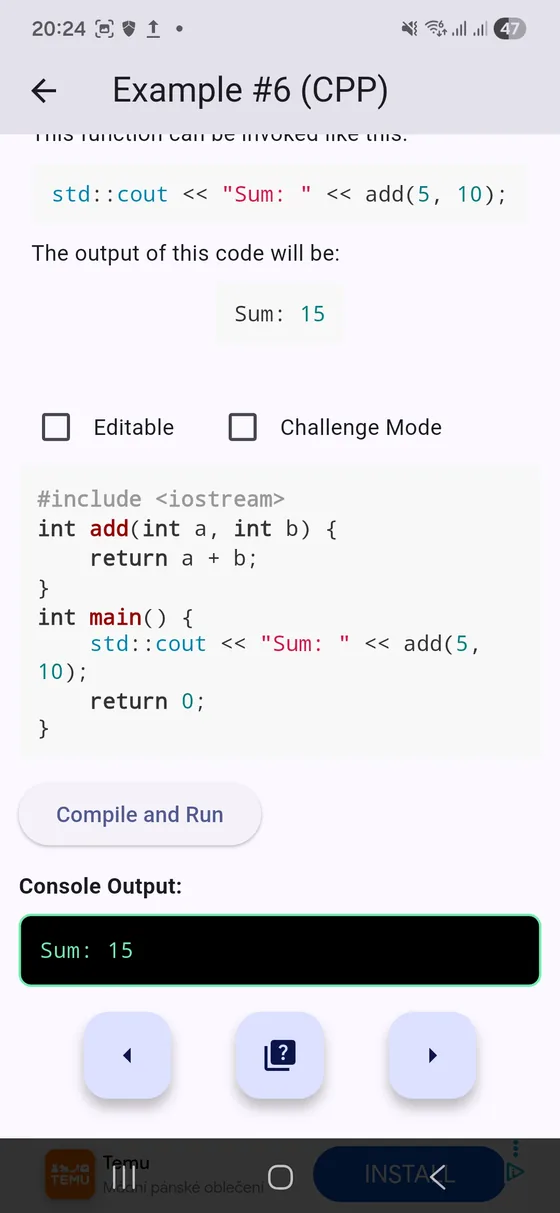 Learn++ Android app showing editable code